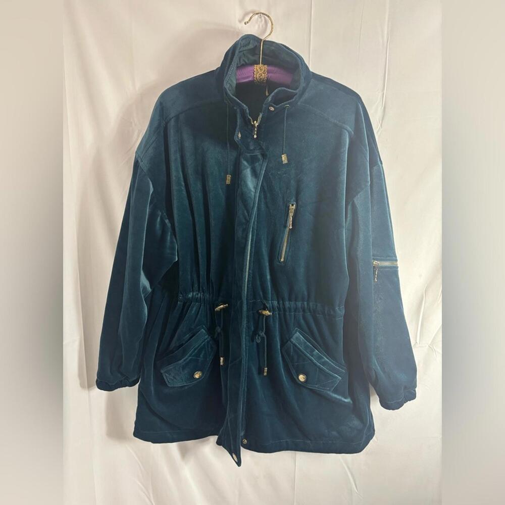 VTG Reversible Teal Velvet Oversized Nautical Drawstring Zip Up Jacket‎